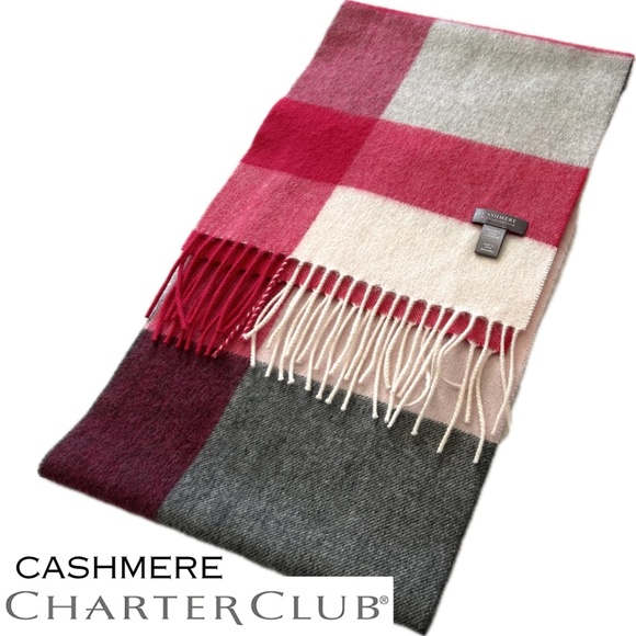 NWOT CHARTER CLUB 100% Cashmere Scarf Red/Pink/Grey/Ivory Black Plaid 10”x62” - Picture 1 of 12